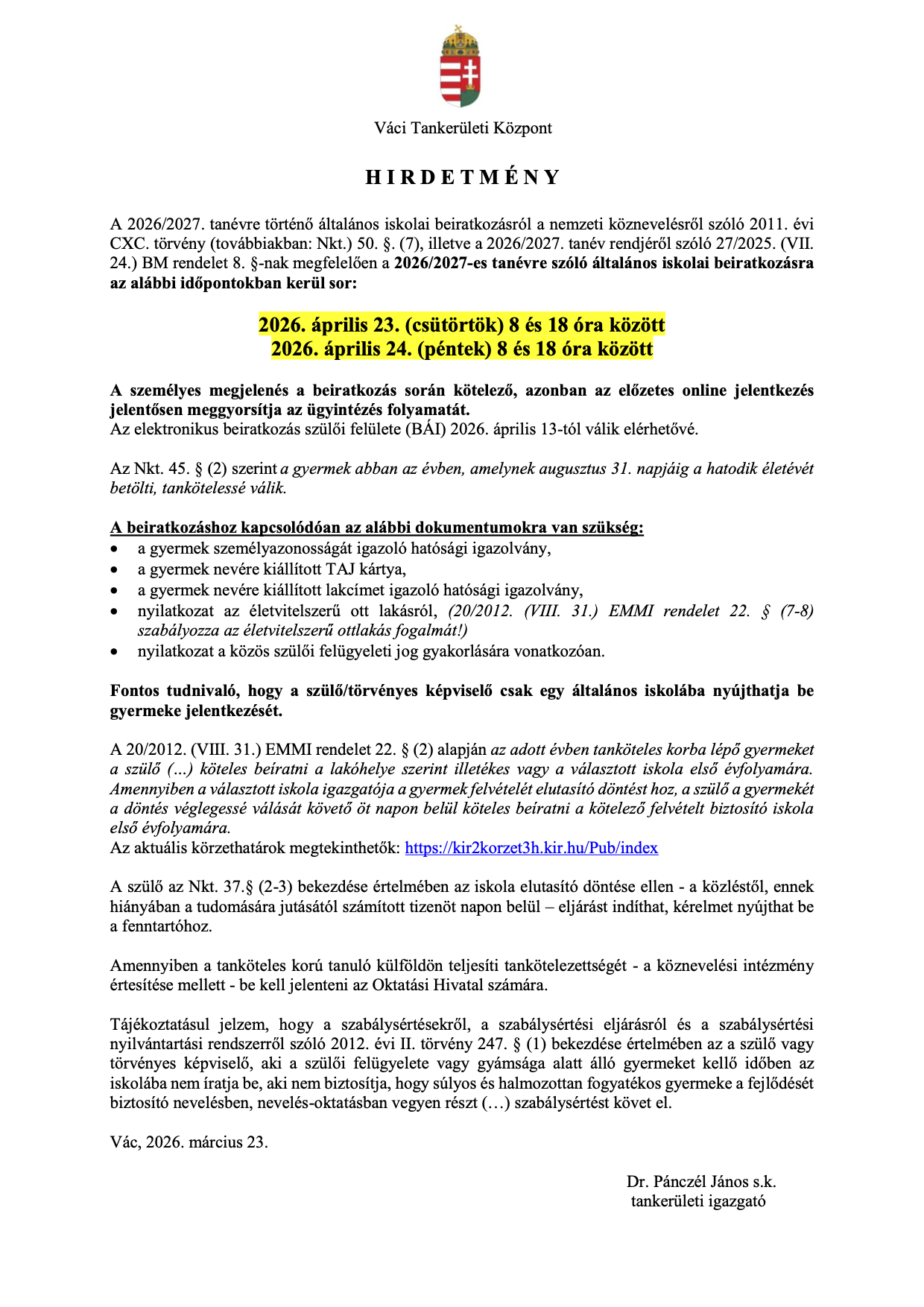 Hirdetmény 2026 2027 általános iskolai beiratkozás